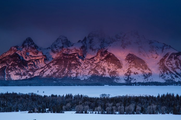 Winter sunrise on the tetons from Teton Overlook