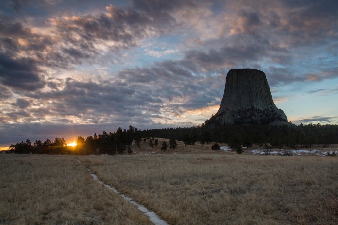 dramtic sunrise over Devils tower national monument, WY