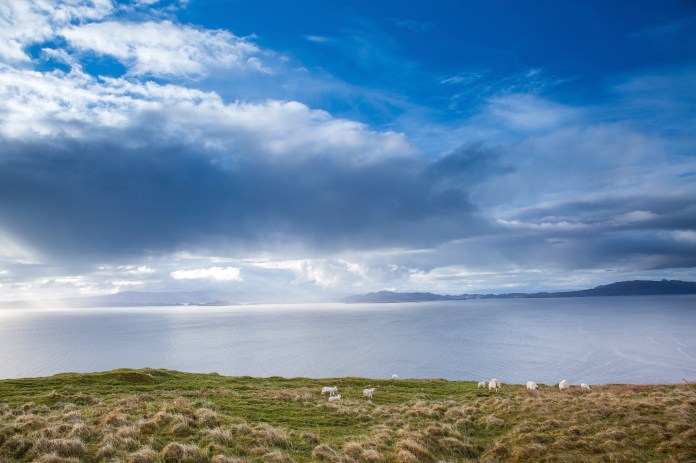 Dramatic light and clouds and the Isles of Rona and Raasay with Sheep grazing