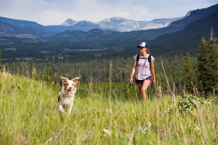 A woman and her dog hike Pilot Creek in the Absaroka Beartooths